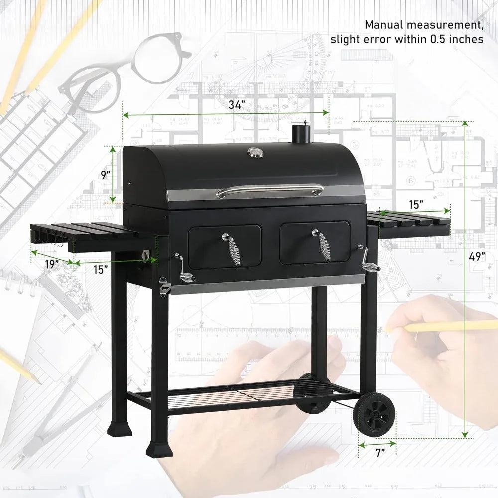 Outdoor Cooking Grill with 2 Individual Lifting Charcoal Trays