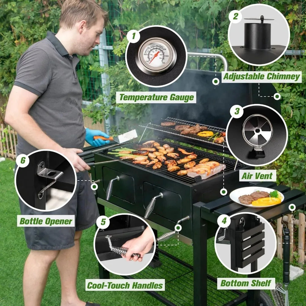 Outdoor Cooking Grill with 2 Individual Lifting Charcoal Trays